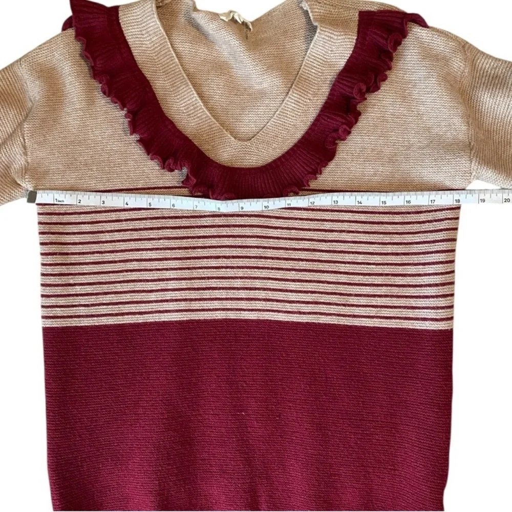 Entro Colorblock Ruffle V-Neck Sweater – Burgundy & Tan Striped Knit Size Small